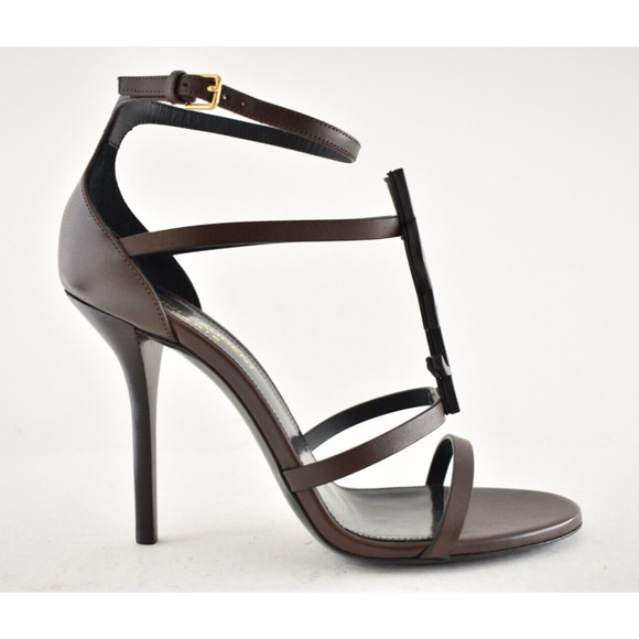 Saint Laurent Cassandra Tmoro Brown Leather YSL Logo Strappy Sandal Heel Pump 37 - Picture 2 of 15